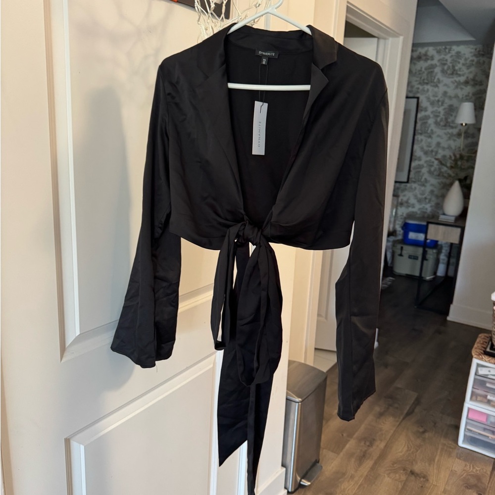 Black Tie-Front/Wrap Blouse